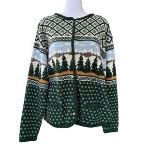 Vintage Fair Isle Mountain Forest Cardigan Sweater XL Cabincore Heritage Granola